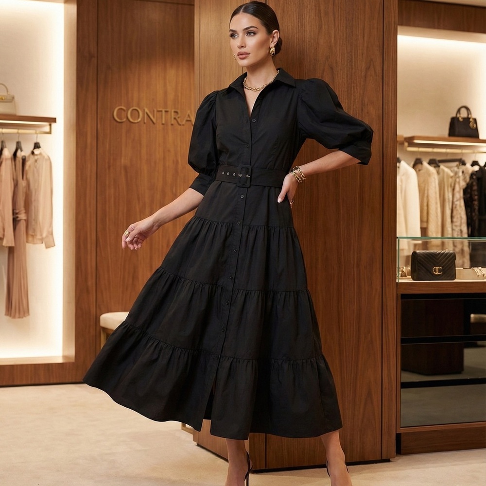 CQbyCQ Black Puff Sleeve Tiered Shirt Dress Button Down Belted Maxi